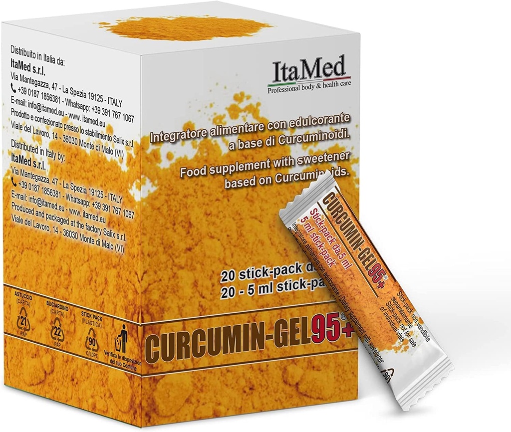 Itamed Turmeric Curcumin תוסף Gel - 95+ אבקת Curcumin עם HGC-C תרכובת, פורמולה אורגנית, 20 Stick-Packs (5 מ"ל כל אחד), כורכומין Turmeric כדי לשפר את הזמינות הביולוגית
