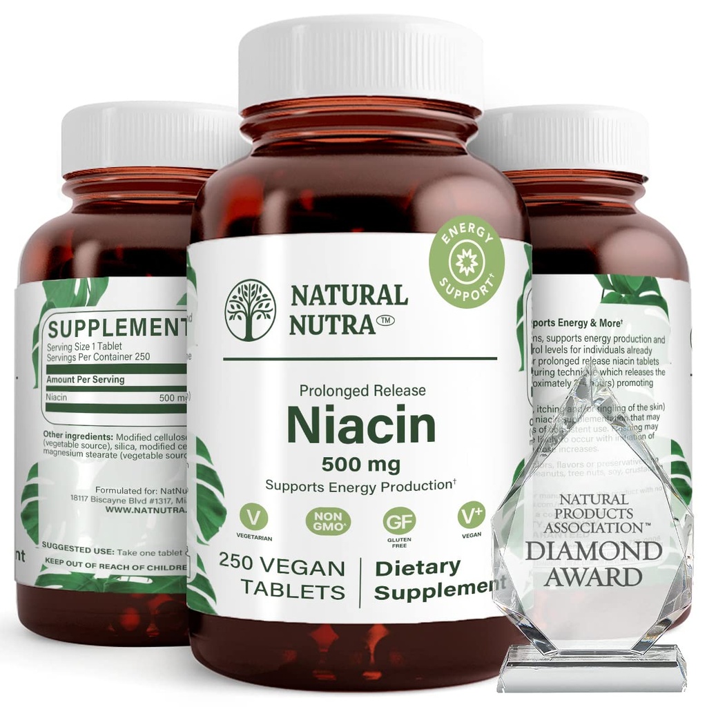 טבעי Nutra Time-Release Slow Niacin 500 מ"ג (Vitamin B3), תמיכה כולסטרול בריא, מקדם בריאות Cardiovascular, מקדם תאי עור ושיפור התפקוד הקוגניטיבי, 250 טבליות טבעוניות