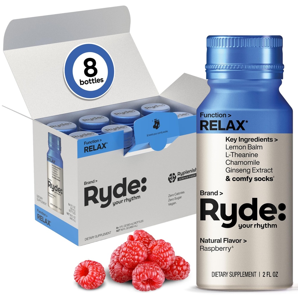 רייד: תירגעי | Raspberry Flavor | Lemon Balm, L-theanine, Geneseng & Chamomile | 0 Calories, 0 Sugar | 2 FL OZ Shots