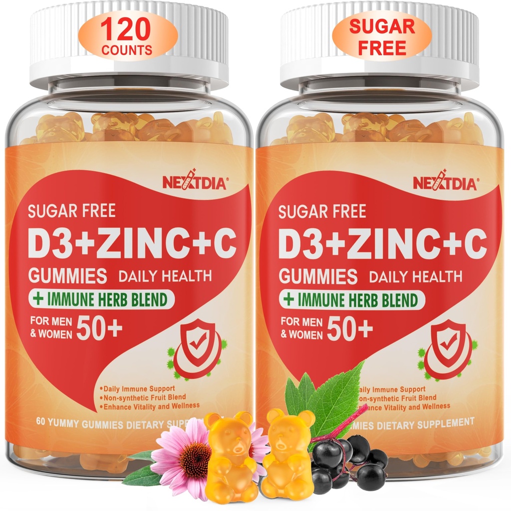 סוכר חינם ויטמין C + D3 + Zinc Gummies למבוגרים 50 +, 9 ב 1 Immune הגנה תוספת עם D3 5000IU, Elderberry, Echinacea, Mullein Leaf for Boost Immunity, Power Antioxidant, טבעוני (Pack of 2), Elderberry, Echinacea, Mullein Leaf for Boost Immunity, Power Antioxidant, Vegan (Pack of 2)