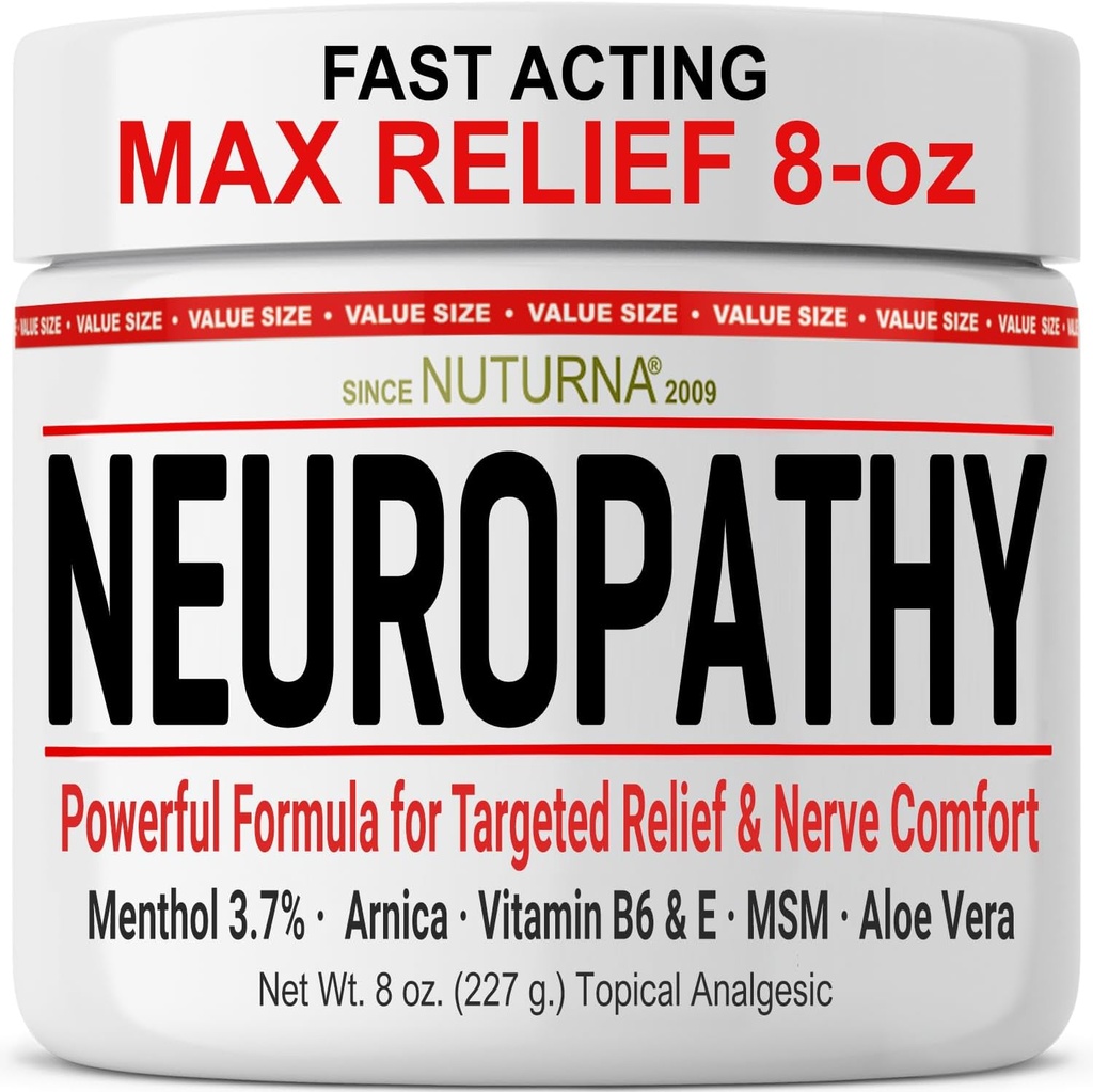 Neuropathy Nerve Relief Cream - Fast Acting Max Relief for Feet Legs Back - Ultra Power Menthol Arnica Aloe Vera MSM, Soothing Natural Nerve Comfort Relief, Super Large 8 oz