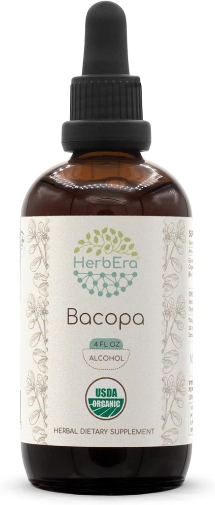 HerbEra Bacopa A120 USDA אורגני Tincture | מוצרי אלכוהול, High-Potency Herbal Drops, רפיה, אפקט קוגניטיבי חיובי | מוסמך אורגני Bacopa (Bacopa Monnieri) Dried Herb (4 fl oz)