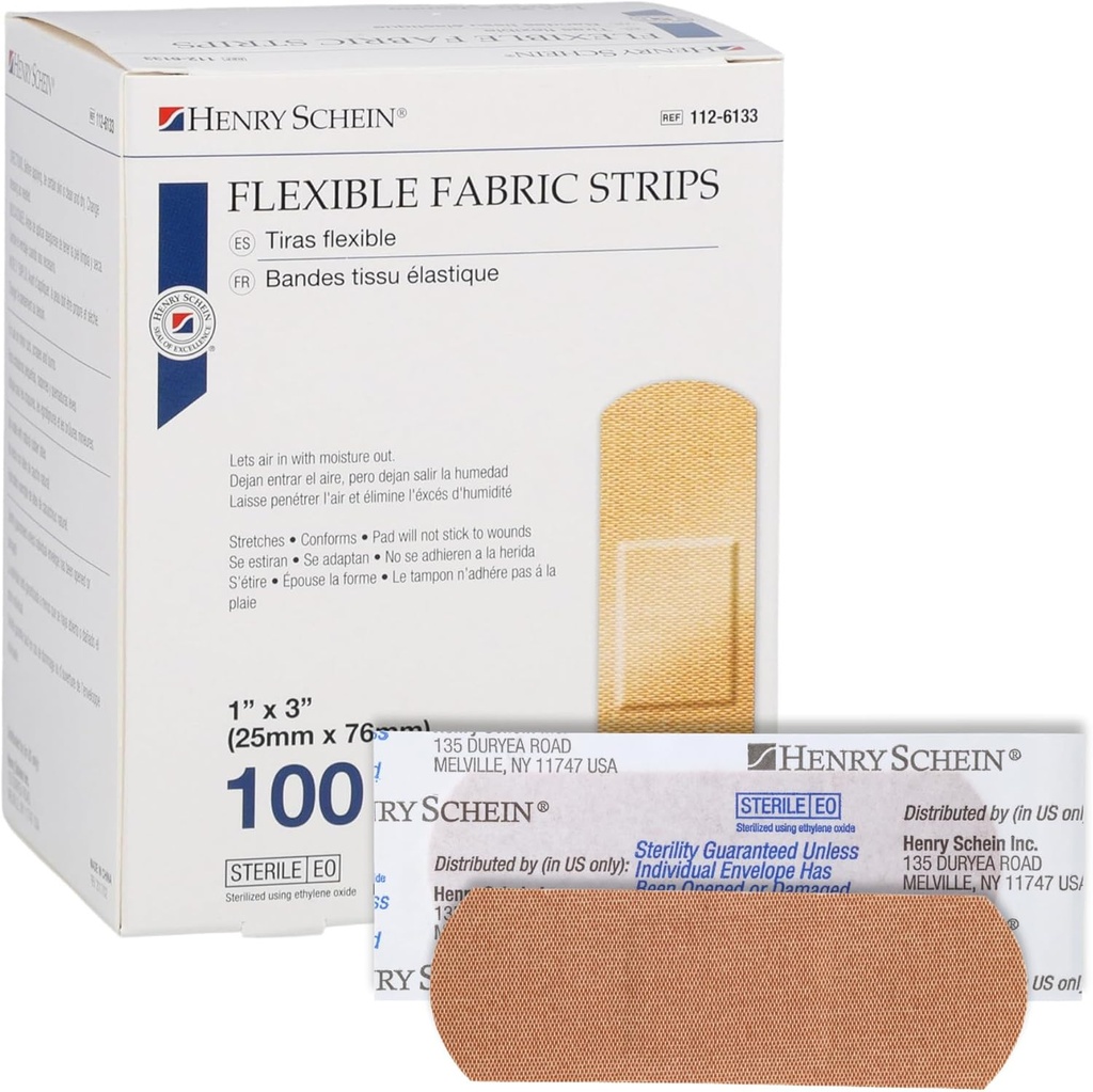 הנרי Schein Sterile Adhesive fabric Bandages, 1 " x 3" - Box of 100 רצועות גמישות, נשימה - Soft, למתוח כיסויים עבור עזרה ראשונה, שימוש רפואי, מרפאות וערכת חירום