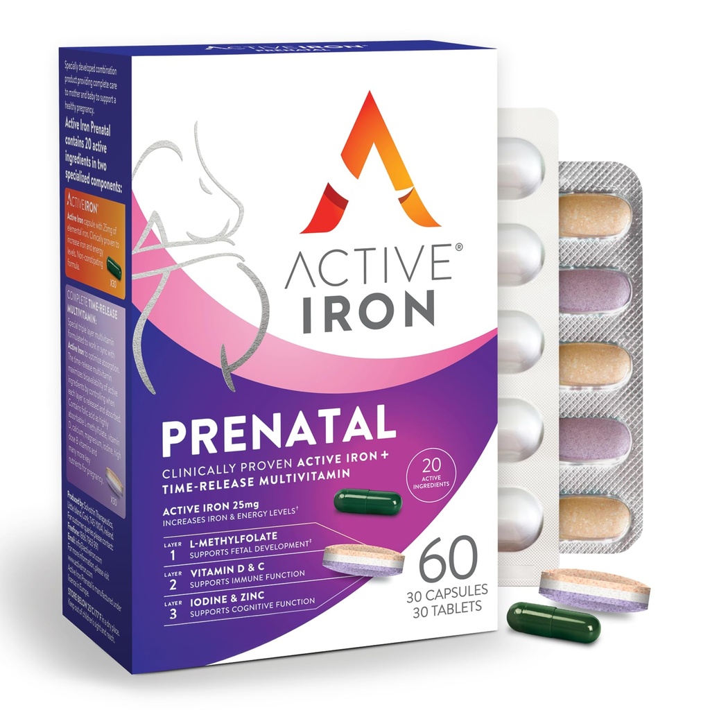 Active Iron Prenatal, תוספת ברזל + ויטמינים טרום לידתי עבור נשים, 30 קפסולות לא מתקדמות + 30 Time-Release Multivitamins, הריון, הנקה & Postpartum Essentials Essentials