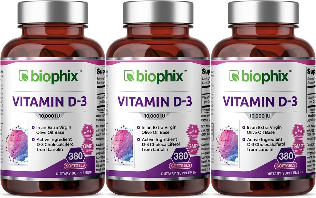 biophix ויטמין D-3 10000 IU 380 Softgels 3 Pack - High-Potency ב תוספת שמן בתולה שמן non-GMO Soy-Free תומך בעצמות חזקות