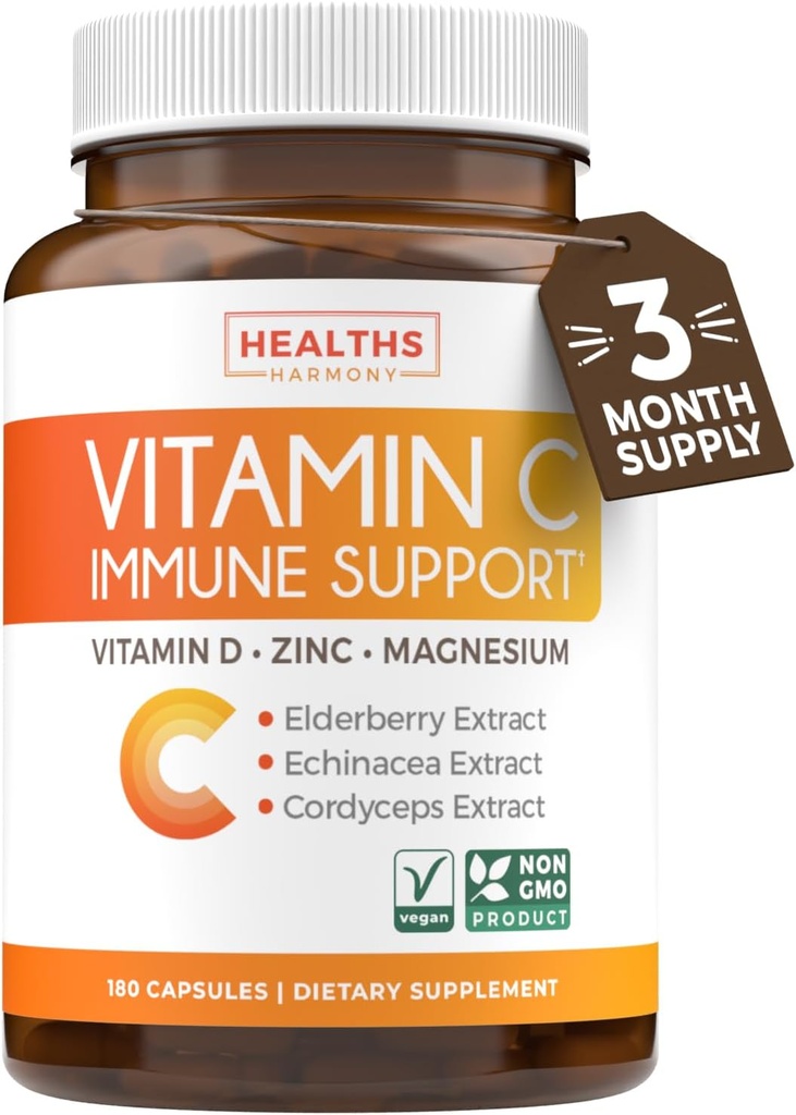 ויטמין C Immune Support Supplement - Immune Boost בלנדר עם Elderberry ויטמין C ו- Zinc for Daily & Seasonal Support - Magnesium Zinc VIT C & D ו- Herbal Defense Complex (3 חודשים אספקה)