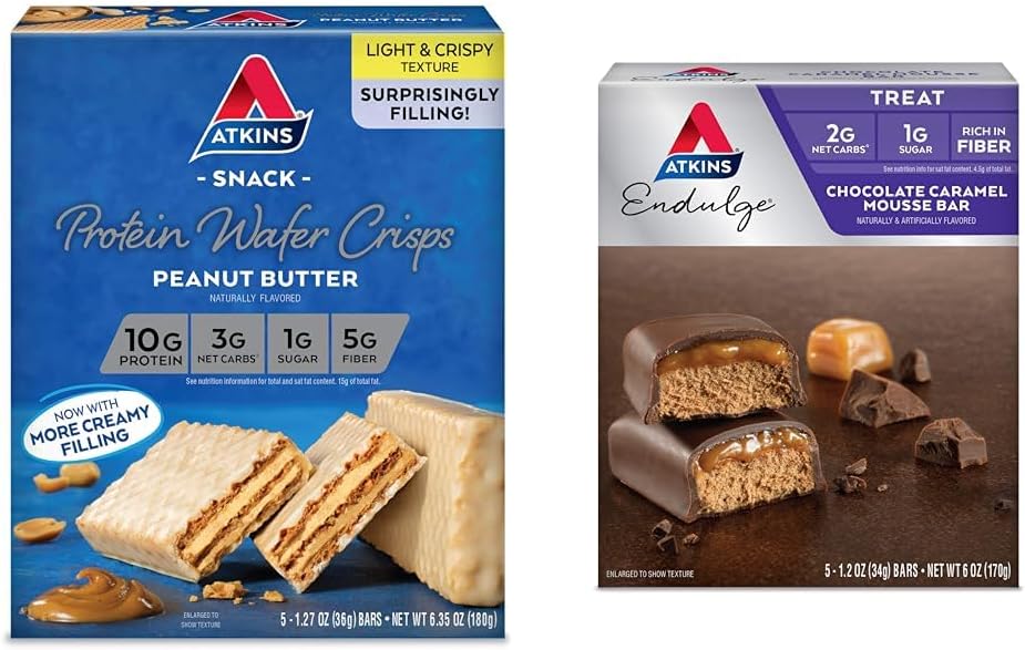 Atkins Peanut Butter Protein Wafer Crisps 5 Count and Chocolate Carmel Mosse Bars 5 Count Bundle