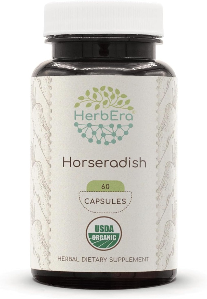 HerbEra Horseradish USDA Organic 60 Capsules | Natural Herbal Supplement | Certified Organic Vegetarian Capsules and Organic Horseradish (Armoracia rusticana) Dried Root (60 Capsules)