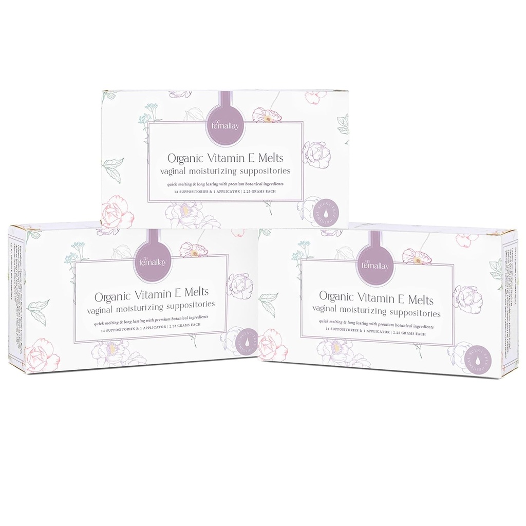 Femallay אורגני ויטמין E Vaginal Melts - 3 Pack - הקלה עבור Menopause יבשות & Irritation - 14 Count + Applicator
