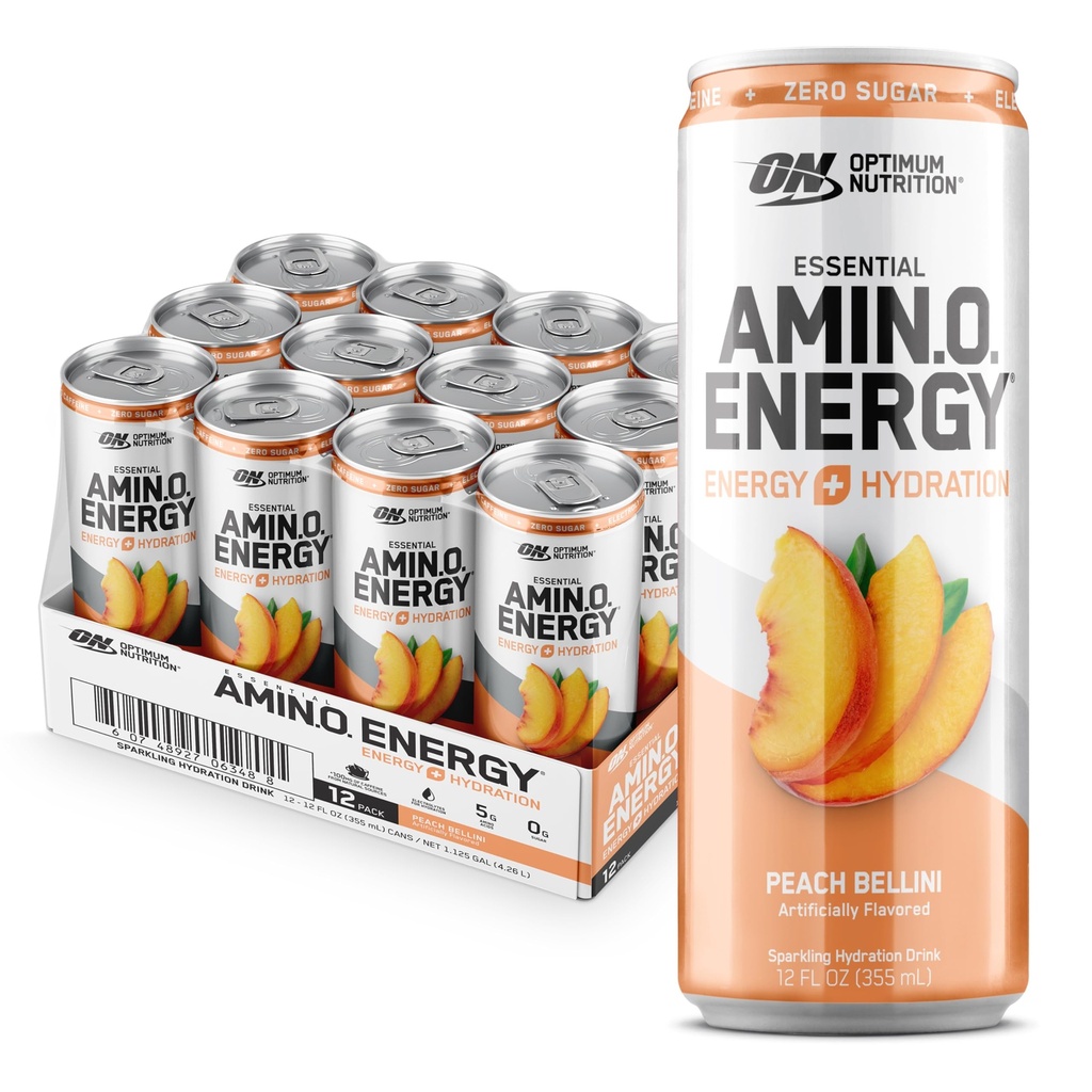 Optimum Nutrition Amino Energy Sparkling hydrotion שותה, אלקטרוליטים, קפאין, Amino Acids, BCAAs, סוכר חינם, Peach Bellini, 12 Fl Oz, 12 Pack (Packaging May Vary)