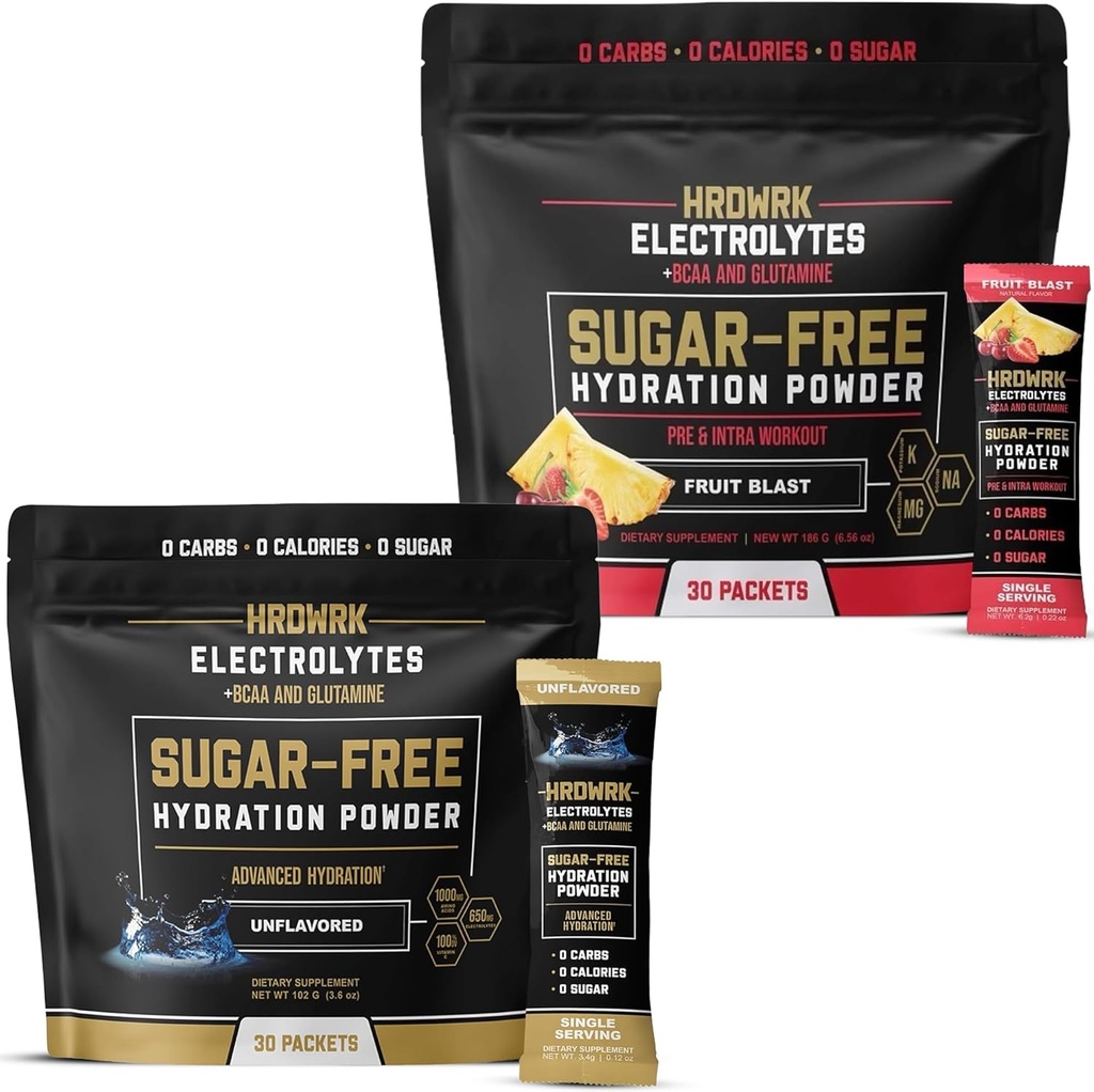 HRDWRK Electrolyte Packets עבור hydrotion Variety Bundle עם Magnesium, Potassium Sodium, BCAAs ו Glutamine, | אבקת Keto Electrolytes עם No Sugar, Unflavored & פירות Blast (60 Count)