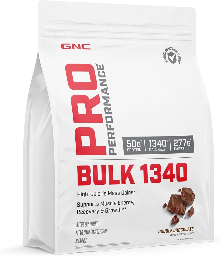 GNC Pro Performance Bulk 1340 Mass Gainer חלבון אבקה, 50g, Gluten Free, Whey, Creatine, BCAA, 3rd Party Tested, שריר התאוששות וצמיחה, מיקרו-תזונה, שוקולד כפול, 9 משרתים