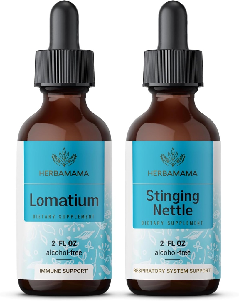 HerBAMAMA Herbal Liquid Drops Kit - Bundle של Lomatium Root Extractt ו Sting Nettle Tincture 2 oz - טבעוני, non-GMO, Sugar & אלכוהול חינם - 2 Pack
