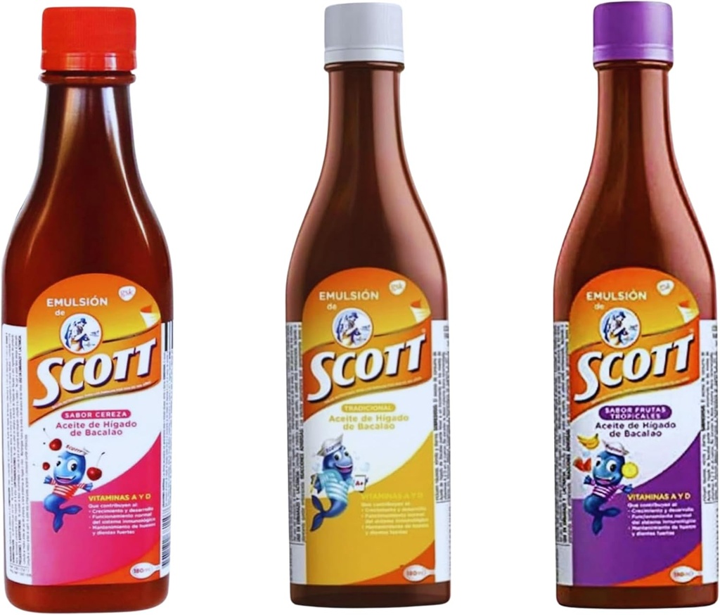 Emulsión de Scott 3 Pack Combo - Cod Liver Oil (Traditional, Cherry, Tropical Fruit Flavors) - 180 מ"ל כל אחד מהם