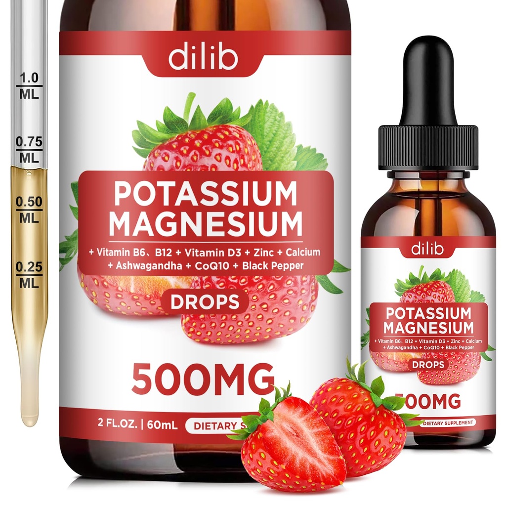 Potassium Magnesium Citrate תוסף, מגנזיום נוזלי Citrate טיפות 500 מ"ג עם Ashwagandha, Calcium, Zinc, ויטמין D3, B6, B12, CoQ10 - תמיכה Calm & Bone & השרירים & Immune בריאות טבעוני 2 ozoz