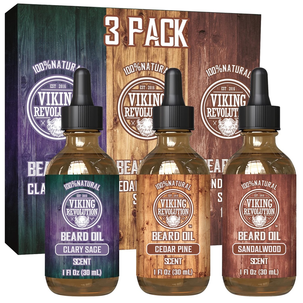 המהפכה הוויקינגית Beard Oil for Men 3 Pack - Natural Mens Beard Oil Variety Set - Sandalwood, Pine and Cedar, Clary Sage Scents - Beard Conditioning and Moisturizing for a Healthy Beard (3 Pack, 1oz)