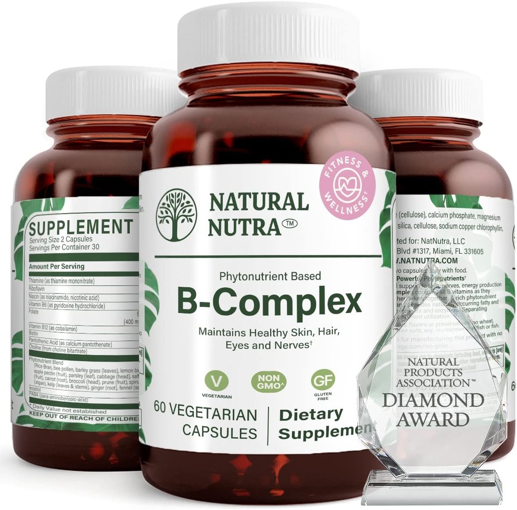 תרכובת טבעית של Nutra ויטמין B עם Niacin, Folate, Thiamin, Biotin, תומכת מערכת העצבים מערכת בריאות, מקדם מטאבוליזם, עור, עיניים ובריאות שיער, מזון שלם, 60 קפסולות צמחוניות