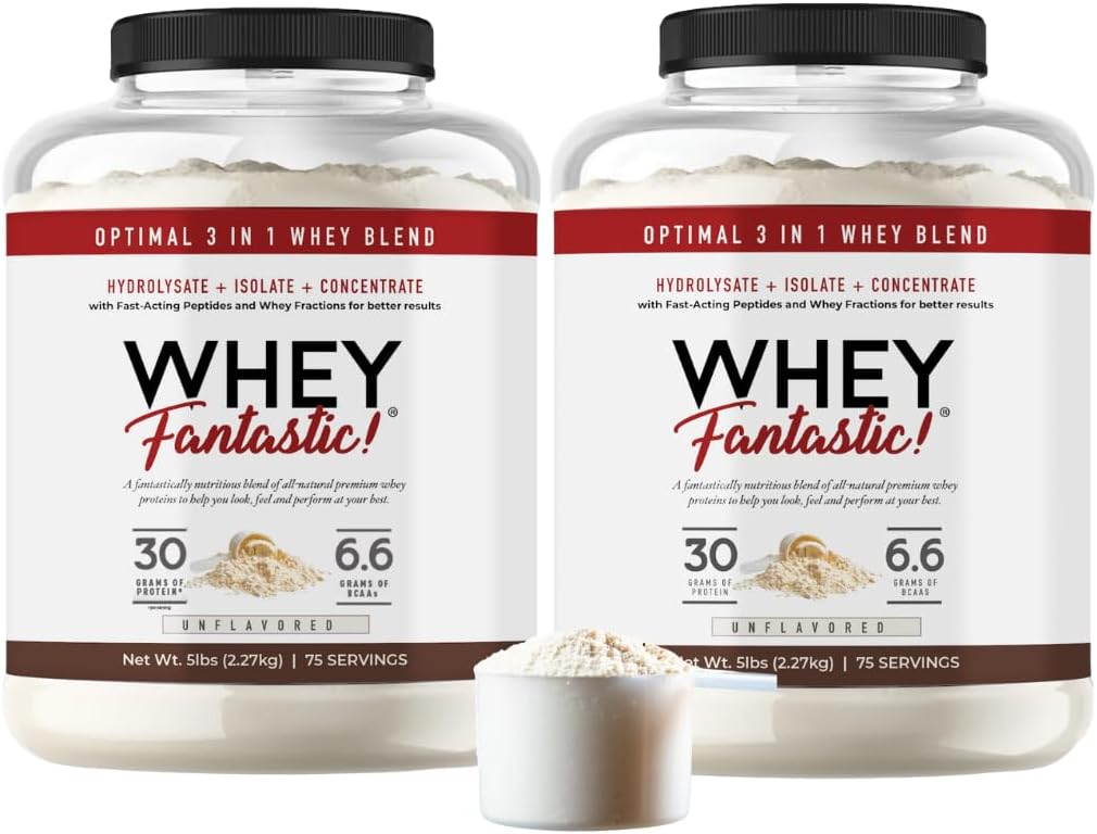 3in-1 אבקת חלבון Whey Unflavored 2 x 5lb - 30 גרם של חלבון Grass-Fed מ Whey Hydrolysate, Isolate ו- Concentrate לשרת - non-GMO, Soy-Free, Sugar-Free - 126 משרתות ללא סוכר - 126 משרתות