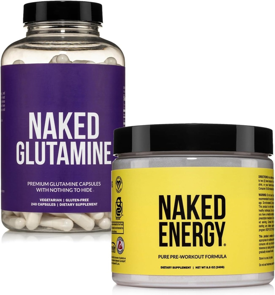NAKED Vegan Energyzing שריר התאוששות Bundle Unflavored אנרגיה ו 240 קפסולות L-Glutamine, 1000 מ"ג