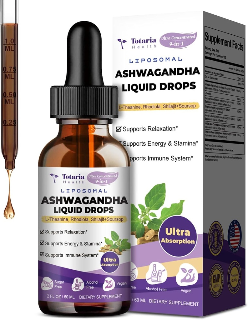 Totaria Liposomal Ashwagandha נוזל טיפות w/Shilajit, Magnesium, Soursop, L-theanine, Ultra Extact Ashwagandha Root Extract; 7% Withanolides | אלכוהול חופשי | Non-GMO | Men & Women