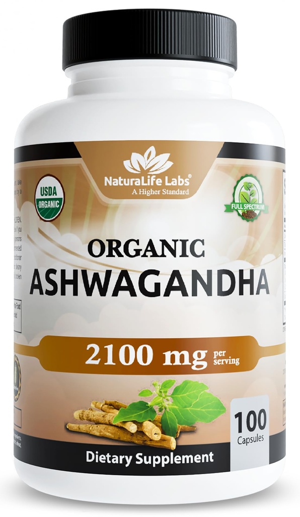 NaturaLife Labs Organic Ashwagandha 2100 mg per Serving – Full Spectrum Root Powder and Standardized Extract (Withanolides) – 100 Capsules – Vegan – Non-GMO, Gluten-Free