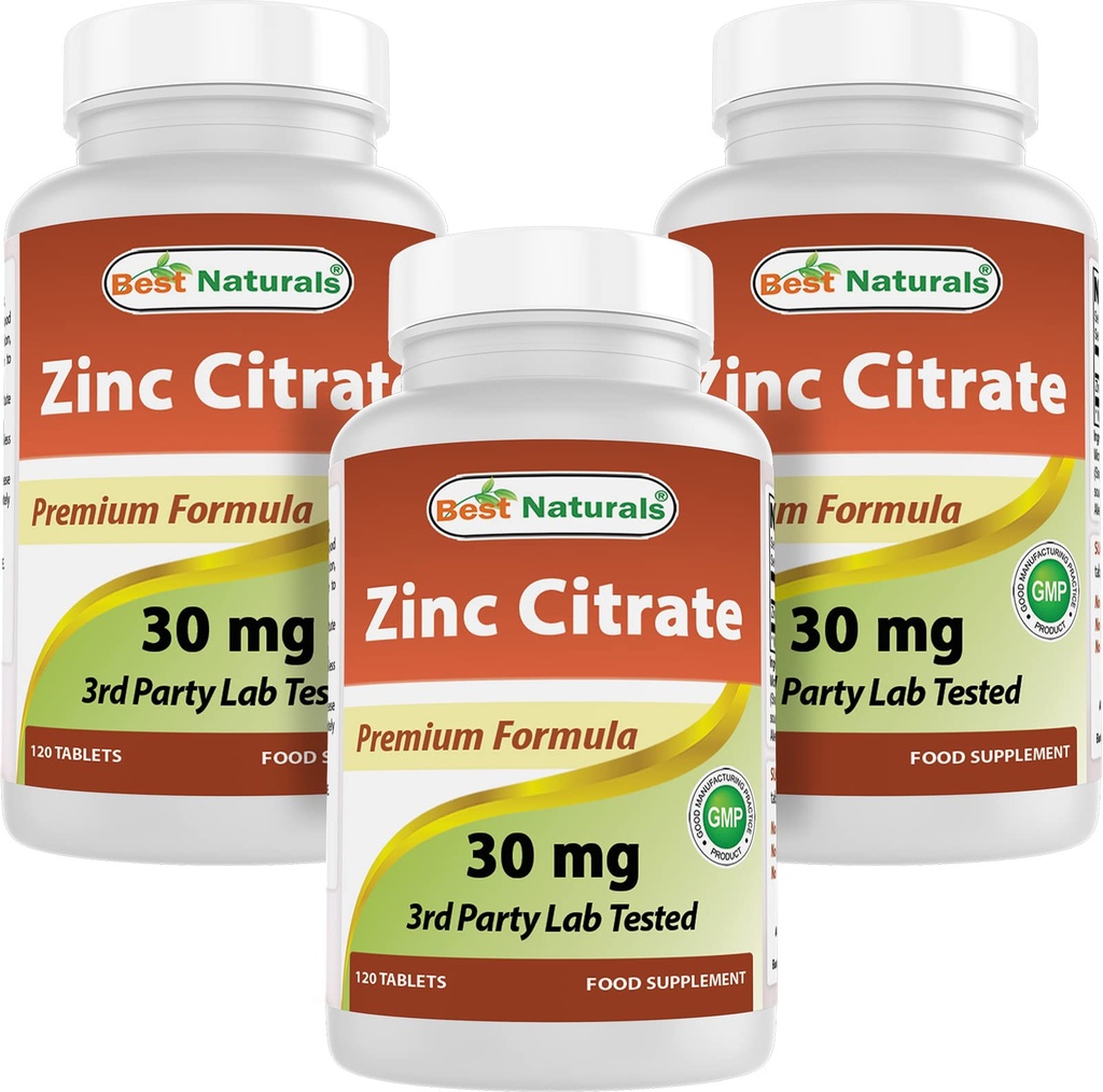 Best Naturals Zinc 30 מ"ג תוסף (כמו Zinc Citrate) - ויטמין אבץ עבור מבוגרים Immune Support - 120 טבליות (120 Count (Pack of 3))