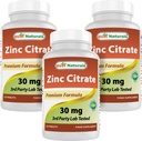 Best Naturals Zinc 30 מ"ג תוסף (כמו Zinc Citrate) - ויטמין אבץ עבור מבוגרים Immune Support - 120 טבליות (120 Count (Pack of 3))