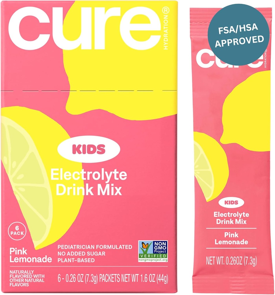 ריפאציה לילדים אלקטרוליט לערבב | Plant-based Pediatrician Formulated Rehydration | No added Sugar, FSA-HSA, Non-GMO, Gluten-Free, No Artificial Flavors | Box of 6 Packets - Pink Lemonade