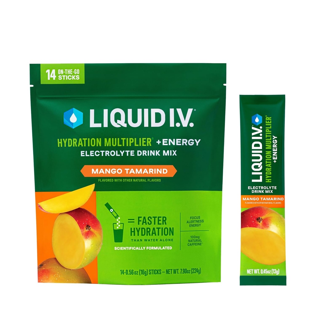 נוזל I.V. hydrotion Multiplier® +Energy - מנגו תמרינד - אבקת הידרה Packets | אבקת דלק אלקטרוליטית לערבב | Convenient Single- Serveing Sticks | Non-GMO | 14 משרתים (Pack of 12)