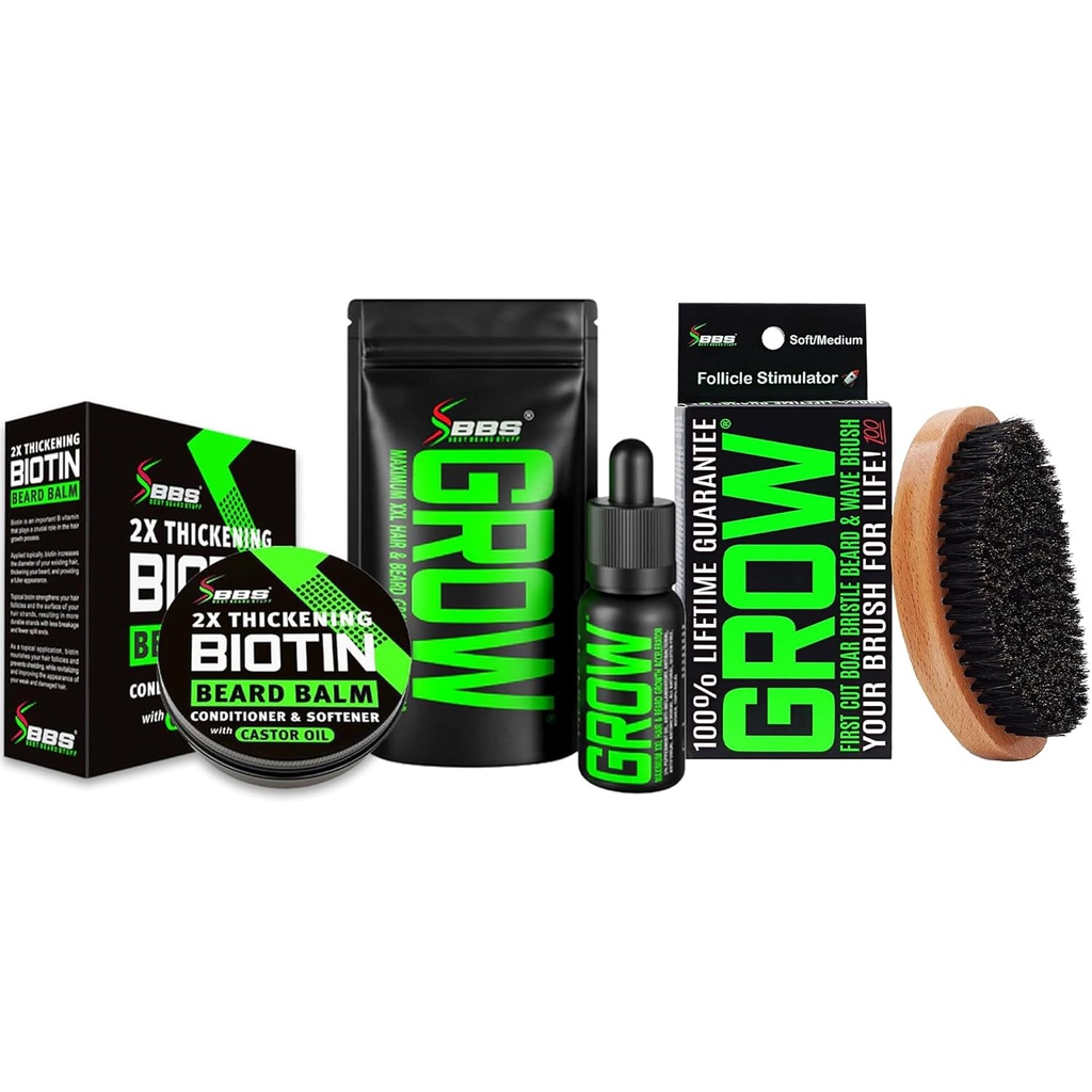 ערכת הצמיחה של Beard Growth Kit W/GROW XXL Beard Oil/Serum לגידול שיער הפנים עבור גברים + 100% כל החיים החלפת Boar Bristle Brush + 2X Thicking Biotin Mustache Wax & Balm עבור גברים - פורמולה באמריקה