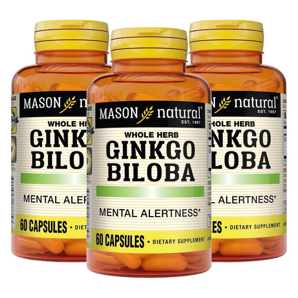 MASON NATURAL גינקו בילובה, 3 חודשים אספקה, עוזר לשפר את התרעות נפשית ותמיכה בתפקוד המוח האופטימלי, 60 קפסולות (3 Pack)