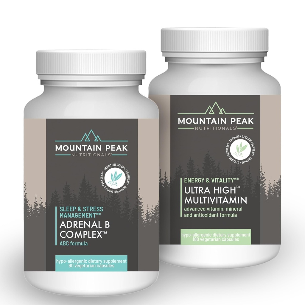 Mountain Peak Nutritionals Adrenal B Complex & Ultra High Multivitamin Combo Pack - ויטמין, Multi-Mineral ו- Adaptogen Support - Bs, Probiotics, & Essentialents - 90 & 180 Vegetarian Ca