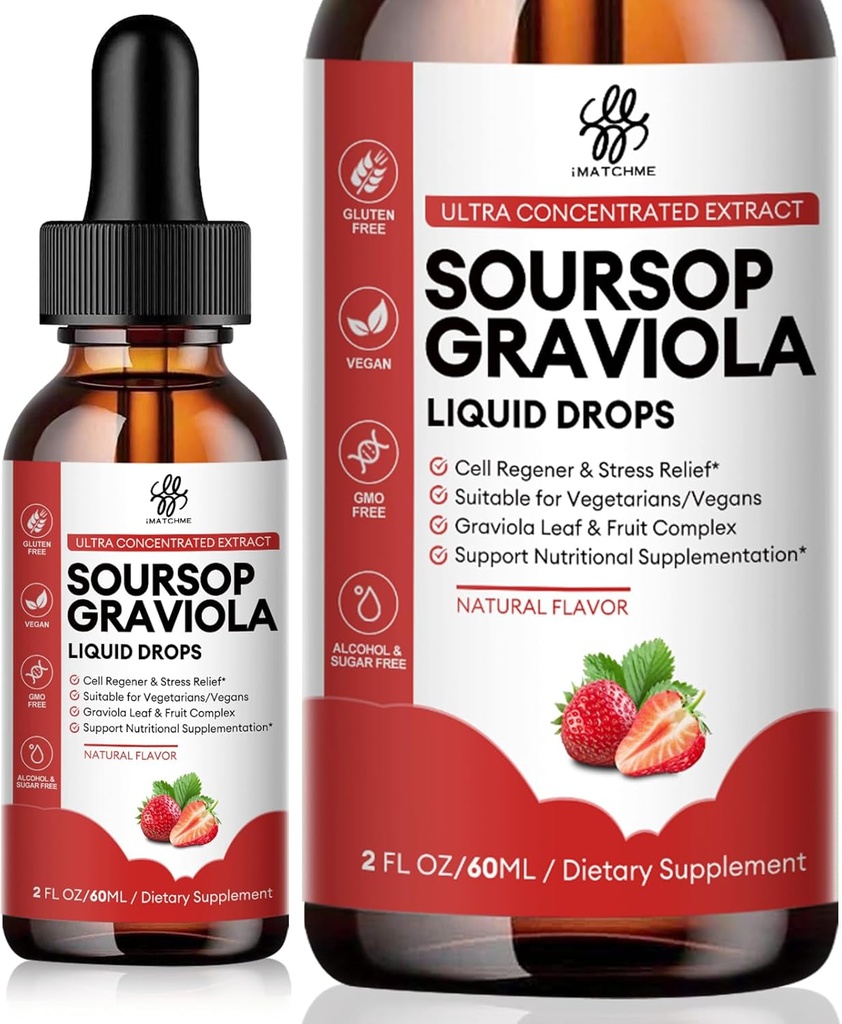 iMATCHME Soursop Graviola נוזל טיפות, Soursop Bitters נוזל, טבעי Soursop Leavesop Leaves & Fruit Complex for Total Wellness, Sugar/Caffeine/Gluten Free, Strawberry Flavor, 2 Fl Oz Oz
