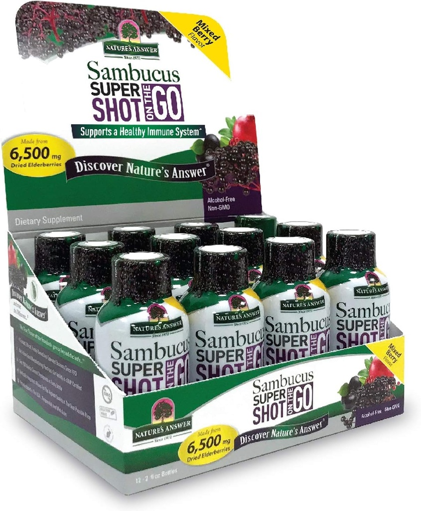 תשובתו של הטבע Sambucus Immune Travel Shot (12 Pack) Elderberry על Go. 2oz. אלכוהול ללא GMO Sambucus Black Elderberry Airplane / Travel Shot
