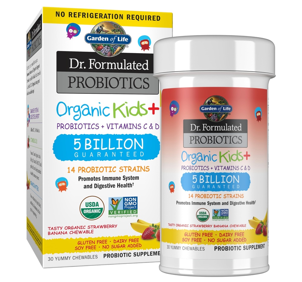 Garden of Life Dr. Formulated Probiotics Organic Kids+ - Digestive Health Support - Prebiotic Fiber & Vitamins C & D - Supports Immune Function - Shelf Stable - Strawberry Banana, 30 Yummy Chewables