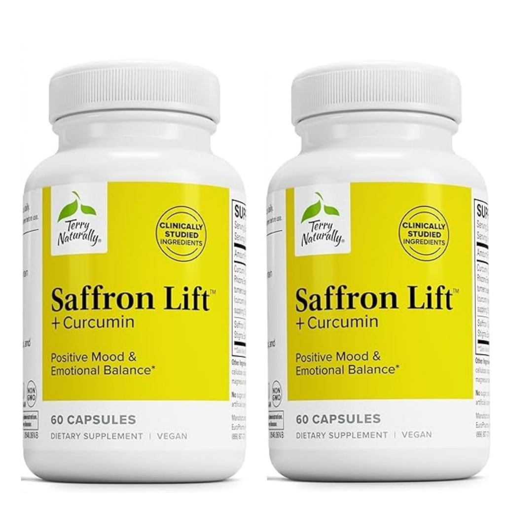 טרי באופן טבעי Saffron Lift + Curcumin - תוסף צמחי עם Curcumin - non-GMO Saffron & Brain Curcumin קפסולות - ריכוז ותמיכה מופחתת - 60 קפסולות (Pack של 2)