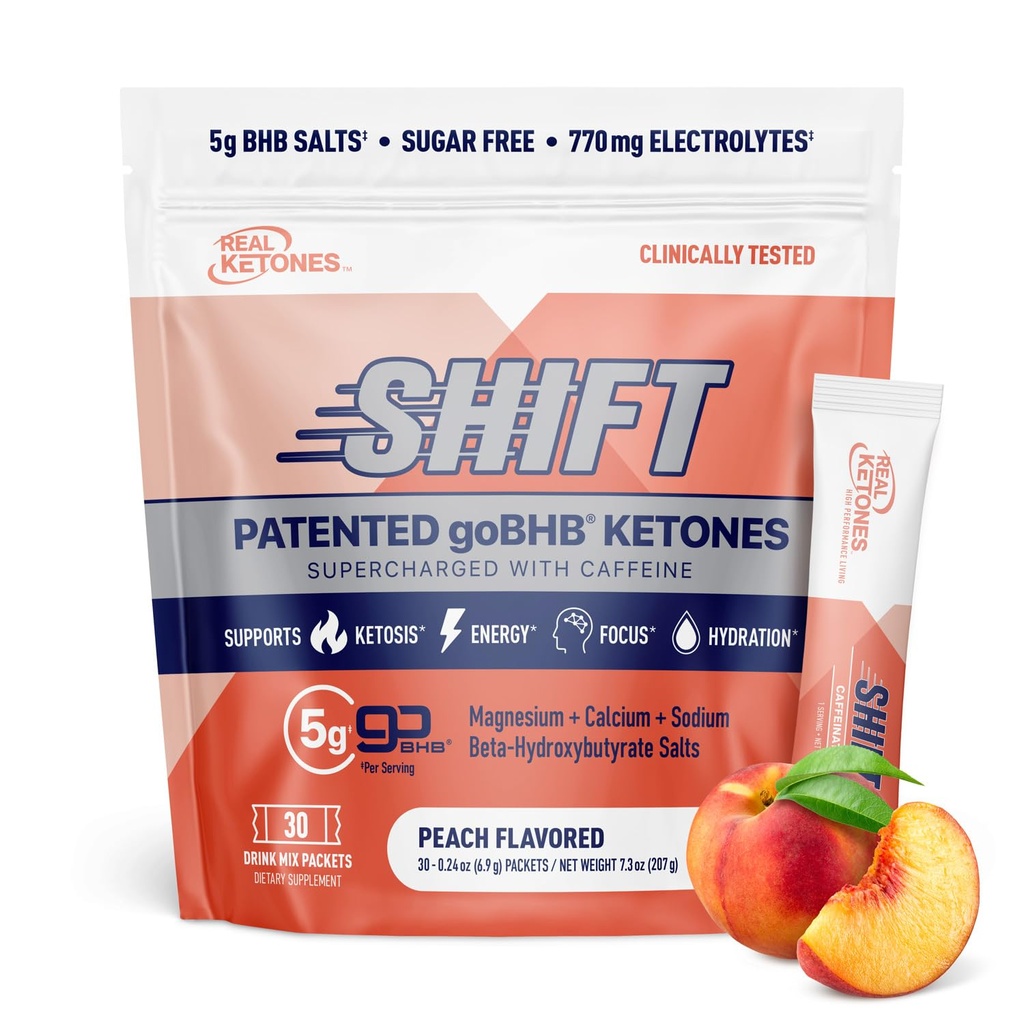 Real Ketones BHB Exogenous Ketones Drink Packets Keto Electrolytes אבקת Packets No Sugar with 4 Main Fasting Electrolytes Plus hydroting פטנט על Keto BHB - 30 Count Peach Caffeine