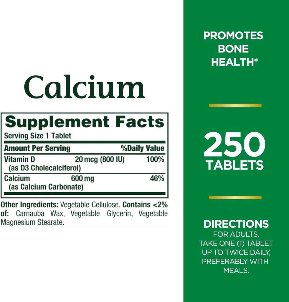 Nature's Bounty Calcium Carbonate & ויטמין D, תומך בבריאות Immune & Bone בריאות, 600mg Calcium & 800IU ויטמין D3, 250 טבליות (Pack of 2)