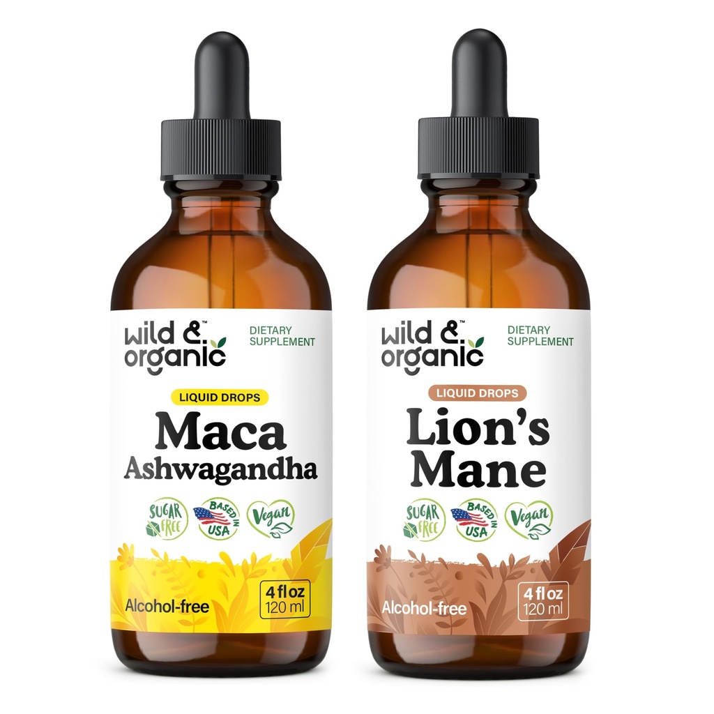 Wild & Organic Maca Ashwagandha Tincture 4 fl oz & Lion's Mane Tincture 4
