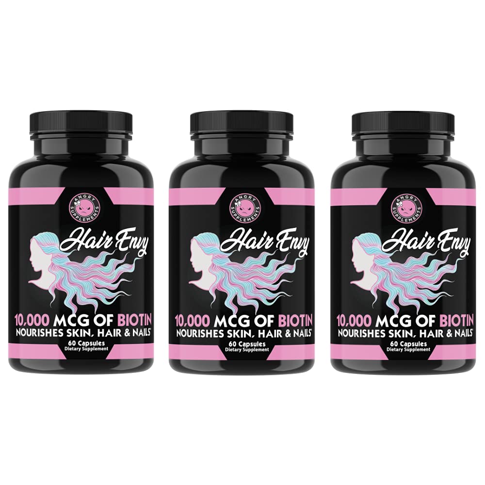 Angry תוספות שיער Envy 10,000 mcg Biotin + Keratin, לגדול + שיער צלול, חיזוק מקלן ציפורניים, Clear & Nourish Skin - עזרה נזק שיער דקינג, (3-Bottles)