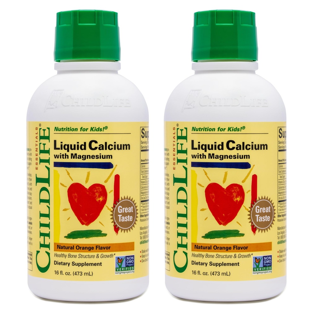 ChildLife Essentials Liquid Calcium תוסף לילדים - Baby Calcium with Magnesium, Zinc ווויטמין D3 - Orange Flavor, 16 oz (2 Pack)