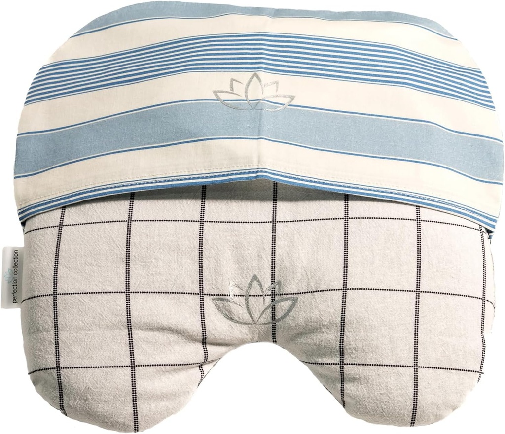 Migraine Eye Pillow Masks עם תוספת כיסוי: Flaxseed Filled for Hot and Cold Pain Relief Therapy (Adult, White and Black, Blue and Ivory Stripe)
