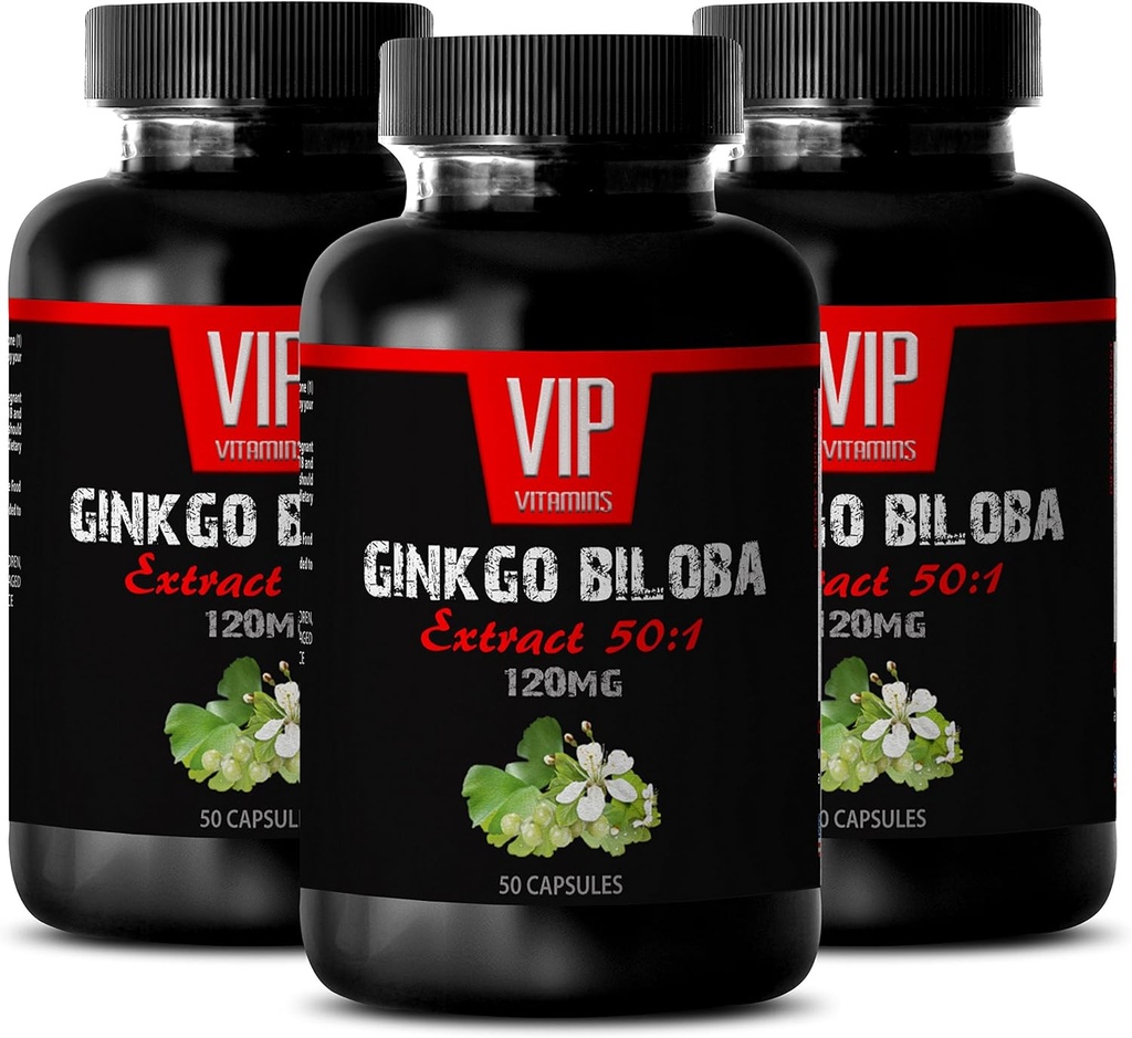 VIP VITAMINS Genekgo biloba עבור Teens - גינקו בילובה Leaf 120 מ"ג - עבור תפקוד המוח בריא (3 בקבוקים - 150 קפסולות)