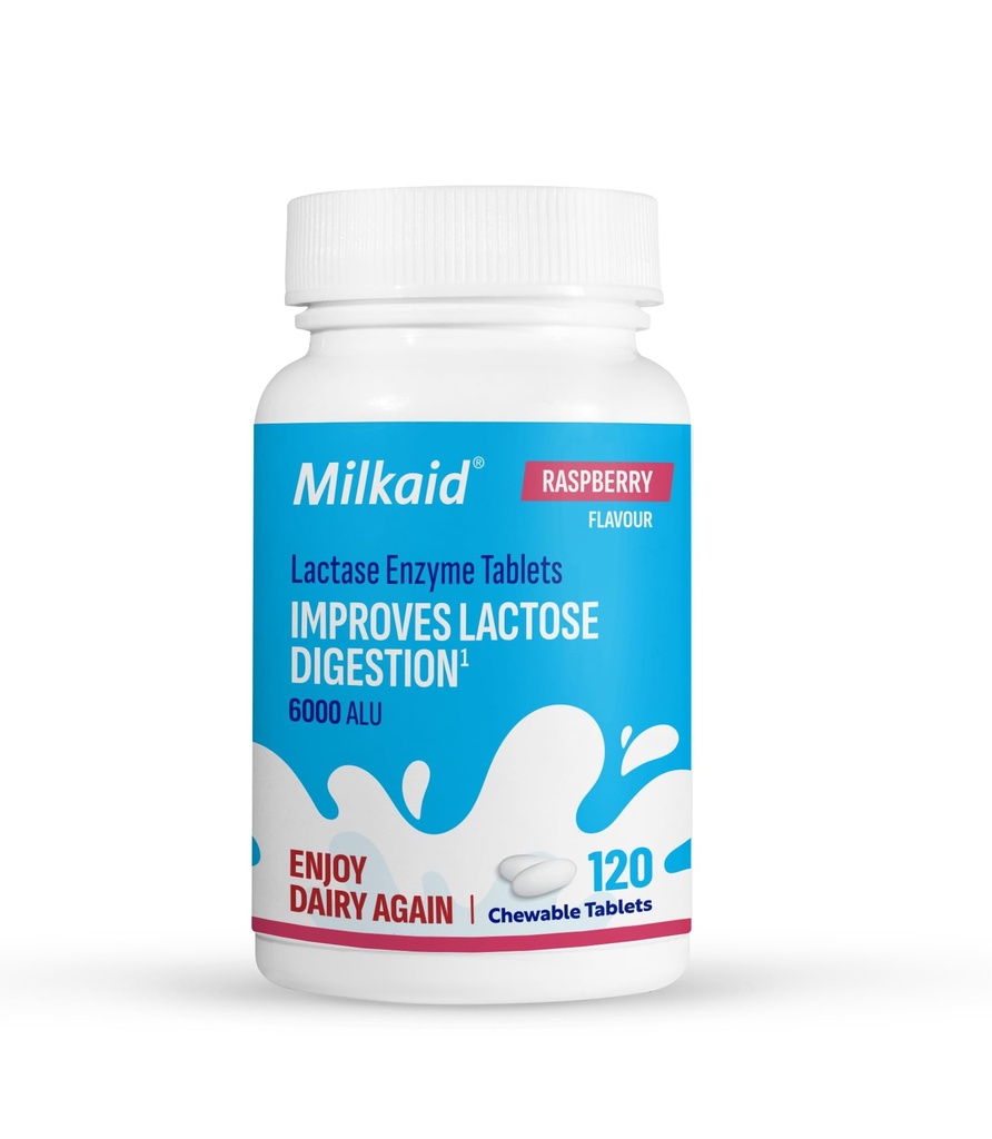 Milkaid Lactase Enzyme Chewable Tablets עבור Lactose Intolerance הקלה | מונע גז, Bloating & Diarrhea | Fast Acting Milk Digestive תוסף (120 טבליות, Raspberry)