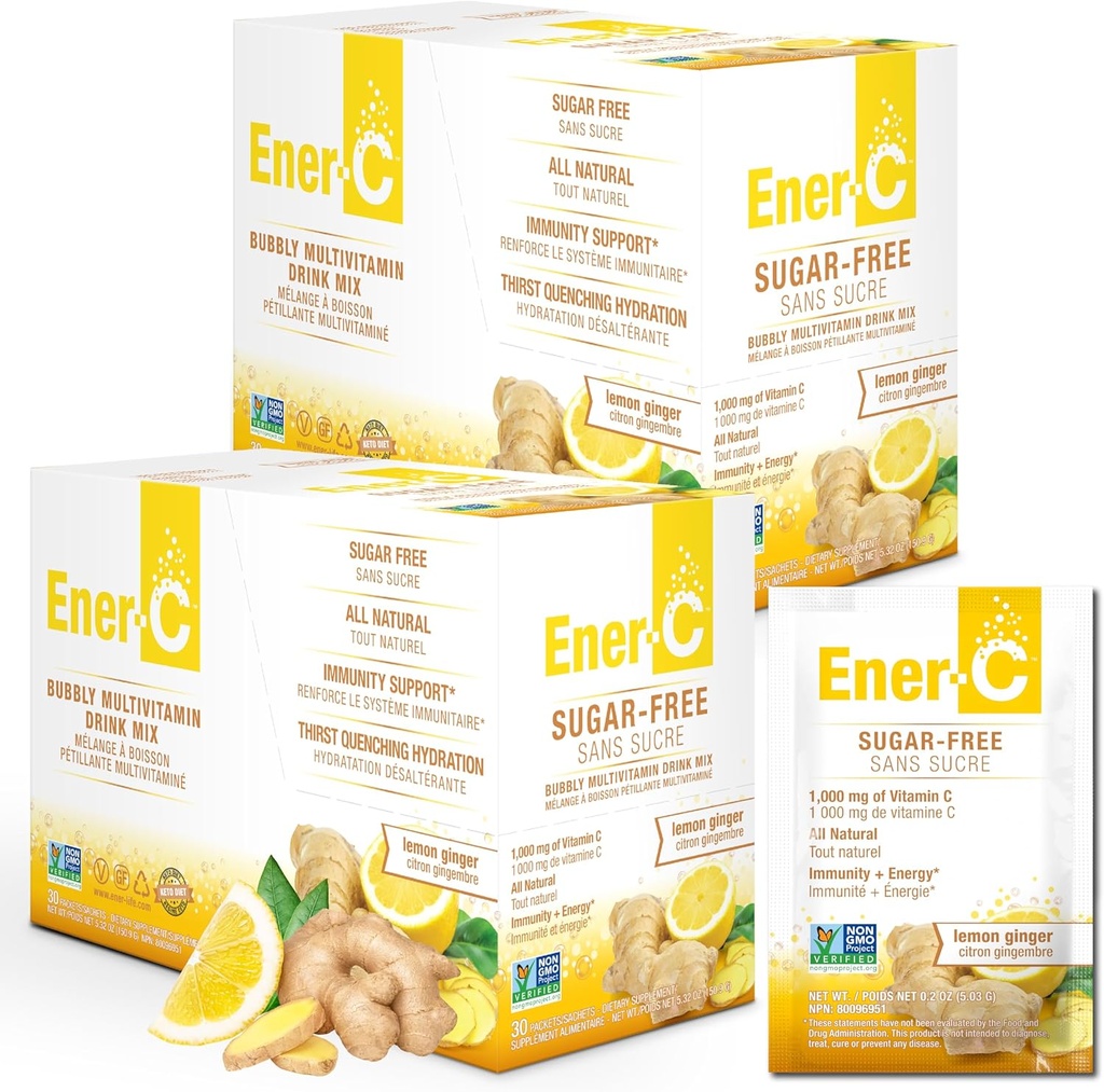 Ener-C Sugar אנרגיה חינם לימון ג'ינג'ר Multivitamin לשתות ויטמין C 1000 מ"ג ואלקטרוליטים - תמיכה חיסונית טבעית עם אבקת מיץ פירות אמיתי - Non-GMO טבעוני & Gluten חינם - 60 Count Count Count Count