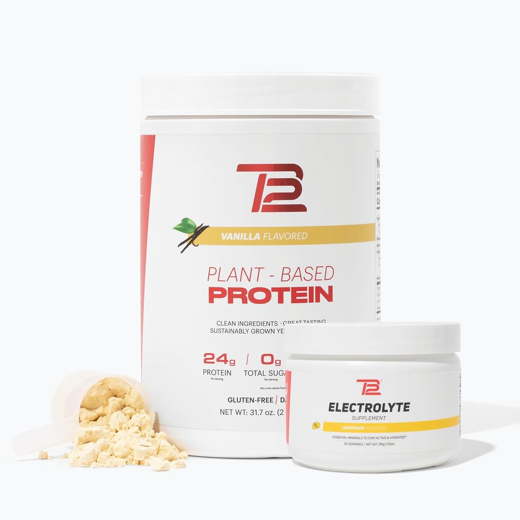 TB12 Plant Based Strength & Hydration Bundle (אבקת חלבון Vanilla ולימונדה אלקטרוליטטים), תמיכה בשרירים התאוששות ושיקום, חלב חינם, non-GMO, Soy-Free Electrolytes)