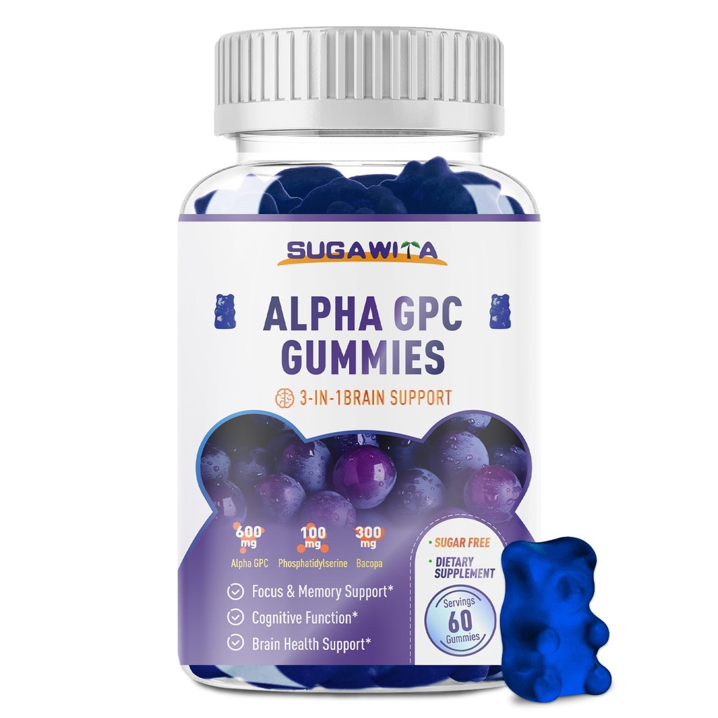 Alpha GPC Choline Gummies 600 מ"ג עם Phosphatidylserine & Bacopa - 3in-1 תמיכה המוח עבור זיכרון, פוקוס & בריאות קוגניטיבית לטווח ארוך - סוכר חינם, פורמולה טבעית, 60 הרוזן