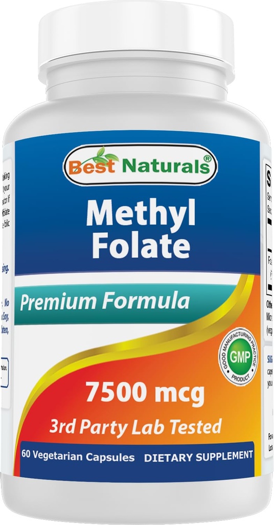 Best Naturals Methyl Folate 7500 mcg (7.5 מ"ג) (רוב ביו-Available) Veggie קפסולה - תומך בתפקוד ה- Cell Formation growth, Brain, Memory, Cardiovascular Health, 60 Count