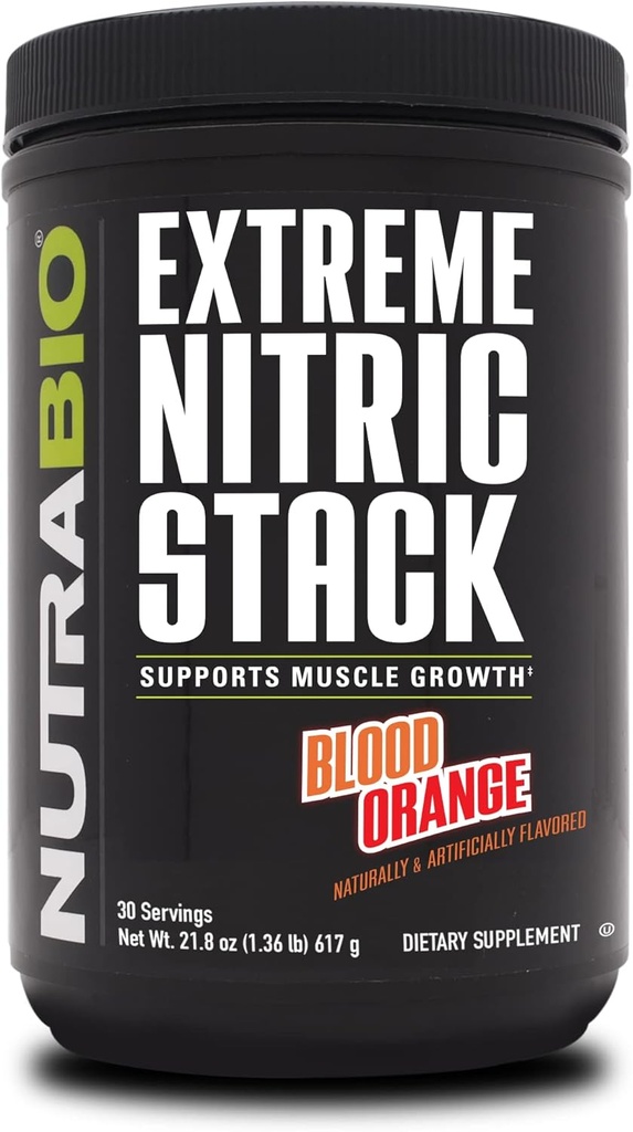 NutraBio Extreme Nitric Stack, Nitric Oxide ו- Cell Volumizing פורמולה- 30 משרתים (Blood Orange)