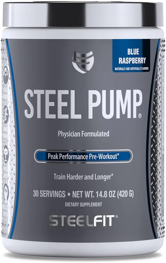 SteelFit Steel Pump | Advanced Pre Workout אבקת & Nitric Oxide תוסף | Blue Raspberry, 30 משרתים | עבור שריר בניין & Recovery | Made with Peak ATP, Ashwagandha, & Electrolytes